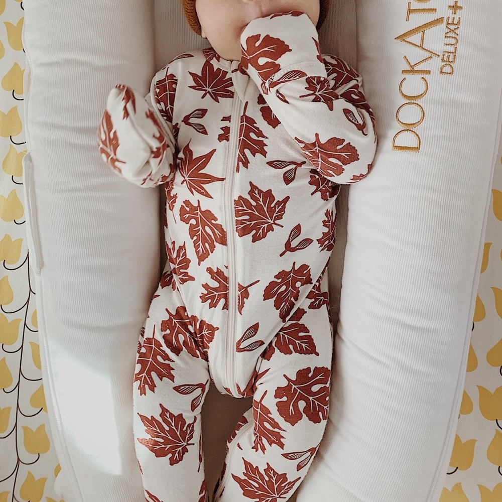 Spearmint Love Autumn Leaf footed zipper onesie